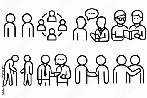 Respectful Conversations. Situations icons in outline style: two people facing each other, group standing in circle, respectful conversation, student