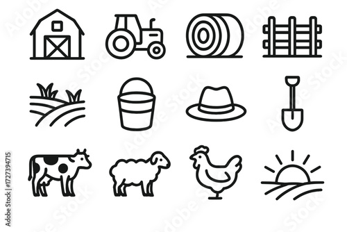 Farm Life Icons. Farm milk jug icons in outline style: barn, tractor, hay bale, fence, grass field, bucket, farmer hat, shovel, cow, sheep, chicken,