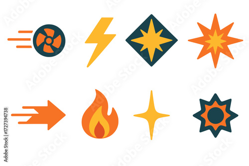 Abstract Energy Icons. Energy burst set of icons in abstract flat : turbo boost, lightning bolt, zap mark, explosion burst, fast arrow, flame, star