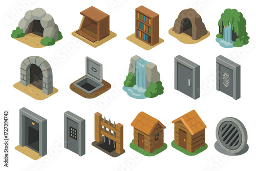Lair Entrances Icons. Lair entrances set icons in modern isometric flat : hidden cave, trapdoor, sliding bookshelf, secret tunnel, stone arch,