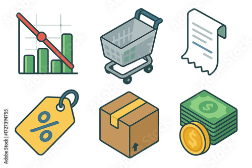 E-commerce Isometric Icons. E-commerce set icons in modern isometric flat : break-even, shopping cart, receipt, discount tag, package, cash gain