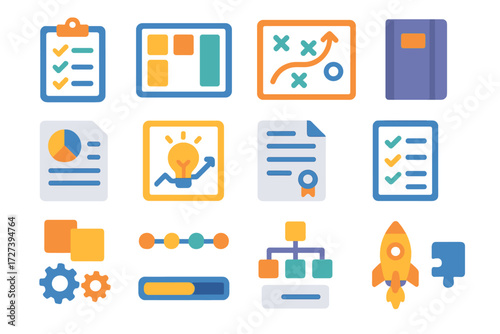 Modern Work Icons. Work symbols in modern flat vector : clipboard, task board, strategy board, project binder, report sheet, insight board, document