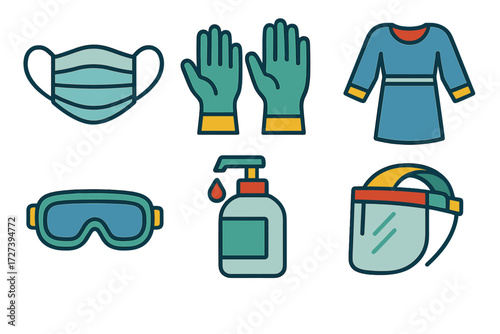 Medical Protection Icons. Medical protection set of icons in abstract flat : face mask, gloves, gown, goggles, sanitizer, face shield