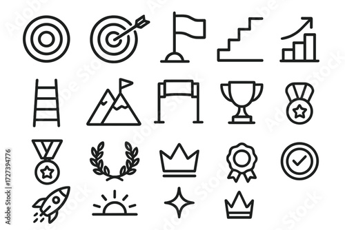 Goal Achievement Icons. Goal basics icons in outline style: target icon, bullseye with arrow, goal flag, staircase climb, ladder, mountain peak,