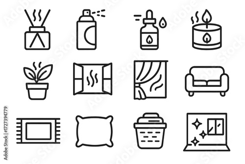 Home Freshness Icons. Home fresh scent icons in outline style: reed diffuser, air freshener spray, essential oil bottle, scented candle, potted plant