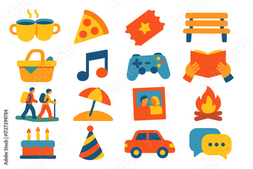 Iconic Shared Moments. Shared moments in modern flat vector : coffee cups, pizza slice, movie ticket, park bench, picnic basket, music note, gaming