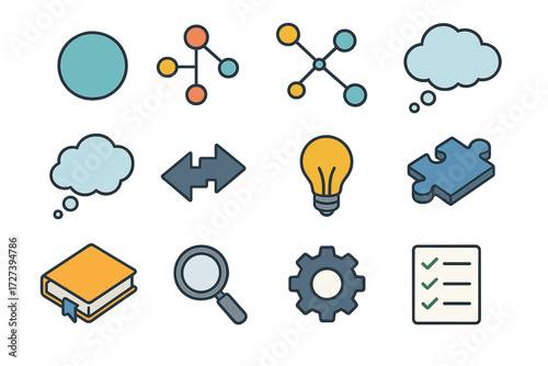 Isometric Mind Map Icons. Basic mind map set icons in modern isometric flat : central circle, branching nodes, connected dots, cloud bubble, thought