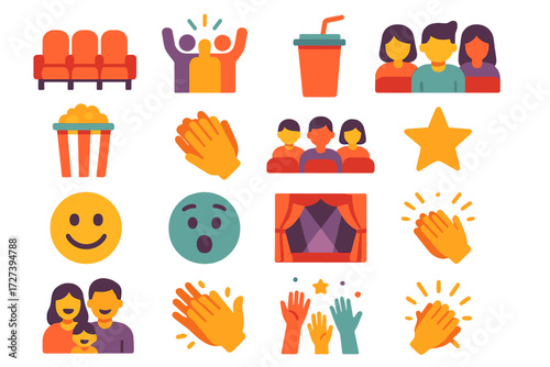 Vibrant Theater Audience. Audience view in modern flat vector : theater seats, cheering crowd, clapping hands, popcorn bucket, soda cup, group avatars