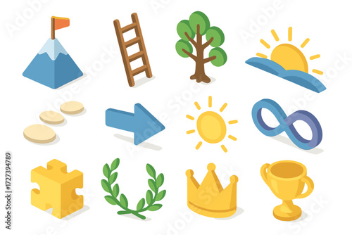 Symbolic Growth Icons. Symbolic growth set icons in modern isometric flat : mountain peak with flag, ladder steps, tree of life, sunrise horizon, path