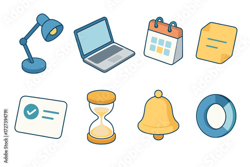 Isometric Work Tools Icons. Work session tools set icons in modern isometric flat : desk lamp, laptop, calendar slot, sticky note, task card,