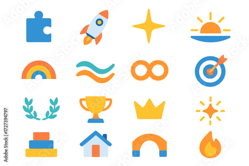 Vibrant Icon Array. Concept themes in modern flat vector : puzzle piece, rocket launch, guiding star, sunrise horizon, rainbow arc, harmony wave,