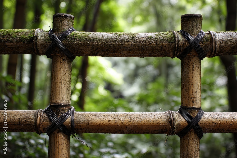 Fototapeta premium Close-up bamboo fence in a lush forest