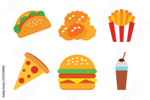 Collection of fast food items vectors bundle on a white background.