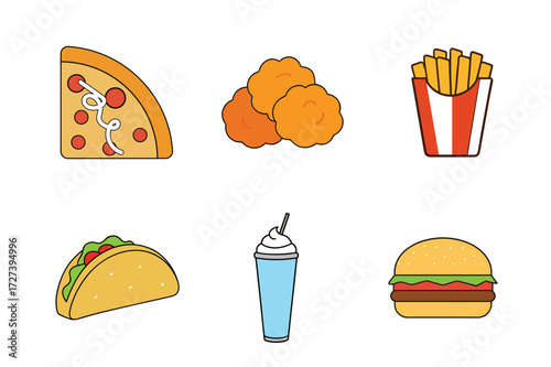 Collection of fast food items vector on a white background.