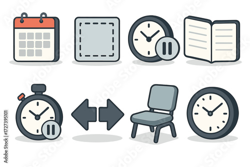 Time Management Icons. Time buffer visuals set icons in modern isometric flat : empty calendar slot, dashed time block, pause clock, open notebook