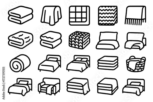 Cozy Blanket Icons. Cozy basics icons in outline style: folded blanket, draped blanket, quilt, throw blanket, wool blanket, fleece blanket, knitted