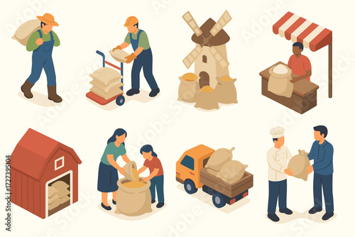 Grain Harvest Scenes. Situations set icons in modern isometric flat : farmer carrying sack, worker loading sacks, mill with grain bags, market vendor