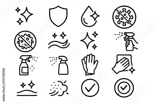 Sanitizing Icons Set. Sanitizing action icons in outline style: sparkle, shield, disinfectant droplet, virus icon crossed out, bacteria icon crossed