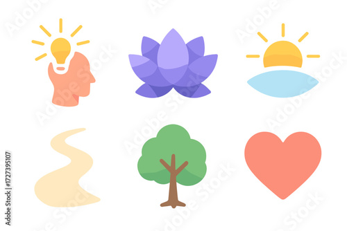 Personal Growth Icons. Personal growth set icons in modern isometric flat : motivation spark, lotus flower, sunrise, path, tree, heart