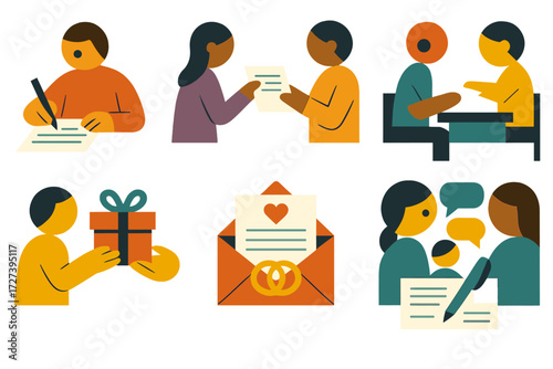 Iconic Letter Exchange. Situations set of icons in abstract flat : person writing letter, couple exchanging notes, student passing paper, partner