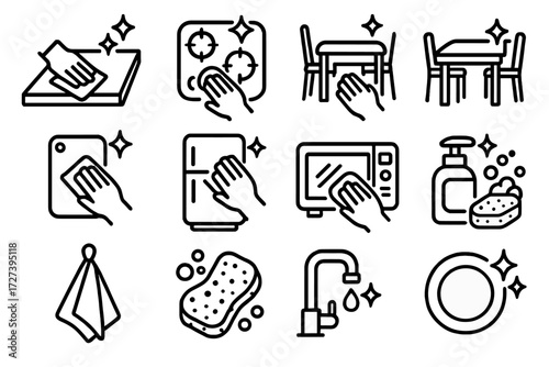 Kitchen Cleaning Icons. Kitchen wipe down icons in outline style: countertop, stove top, dining table, cutting board, refrigerator door, microwave,
