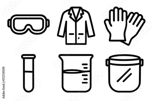 Safety Gear Icons. Safety gear icons in outline style: lab goggles, lab coat, gloves, test tube, beaker, safety shield