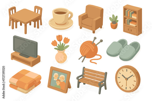 Nursing Home Essentials. Daily life nursing home set icons in modern isometric flat : dining table, teacup, armchair, bookshelf, TV screen, flower