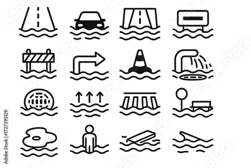 Flood Icons Overview. Flood basics icons in outline style: flooded street, submerged car, waterlogged road, blocked street, road closed sign,