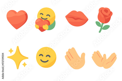 Isometric Love Icons. Love symbols set icons in modern isometric flat : affection, heart, hug, kiss mark, rose, star spark, smiling face, open hands.
