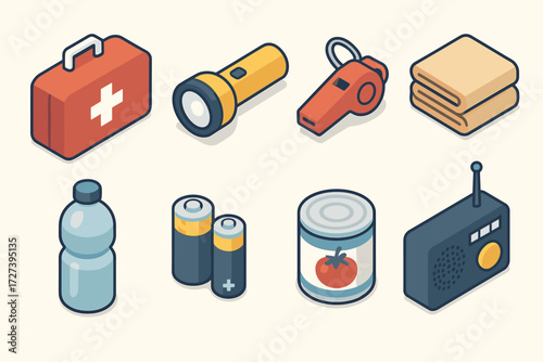 Survival Kit Essentials. Objects set icons in modern isometric flat : first aid box, flashlight, batteries, whistle, blanket, water bottle, canned