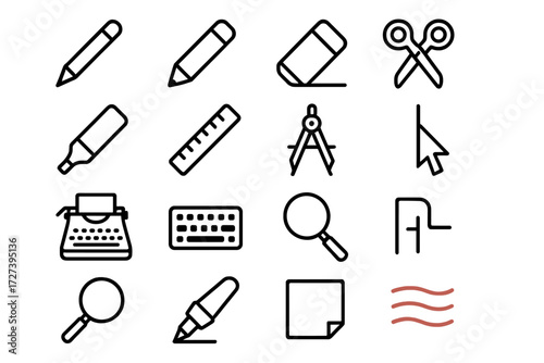 Outline Editing Icons. Editing tools icons in outline style: pen, pencil, eraser, scissors, highlighter, ruler, drafting compass, fountain pen,