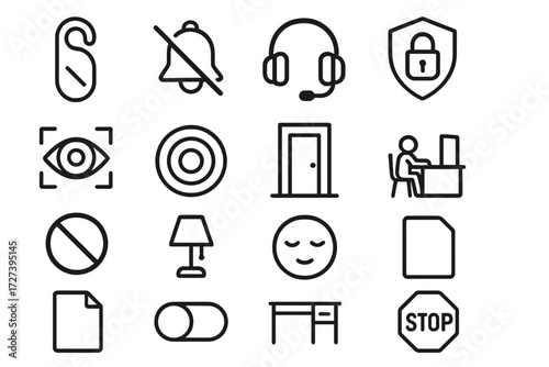 Focus Icons Collection. Focus support icons in outline style: do not disturb sign, muted bell, headphones, shield lock, eye focus, tunnel vision