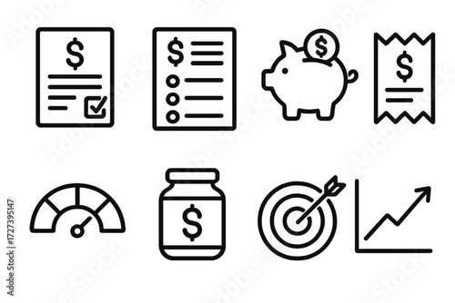 Finance Icons Set. Personal finance icons in outline style: loan paper, budget sheet, piggy bank, receipt, credit score chart, savings jar, target