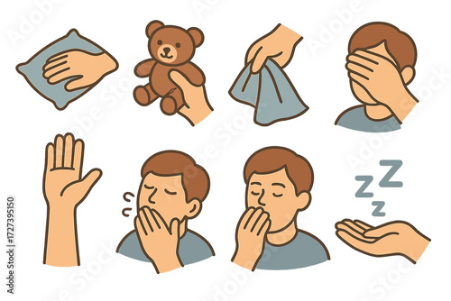 Sleepy Hand Gestures. Gestures set icons in modern isometric flat : hand resting on pillow, hand holding teddy bear, hand pulling blanket, hand