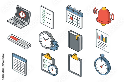 Time Tracking Icons. Work time tracking set icons in modern isometric flat : laptop with timer, task list, calendar event, alarm bell, progress bar,