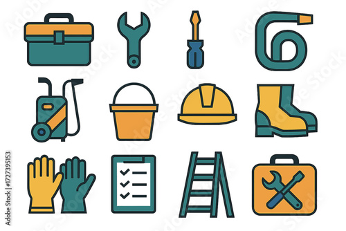 Drain Maintenance Icons. Maintenance storm drain set of icons in abstract flat : toolbox, wrench, screwdriver, vacuum hose, pressure washer, bucket,