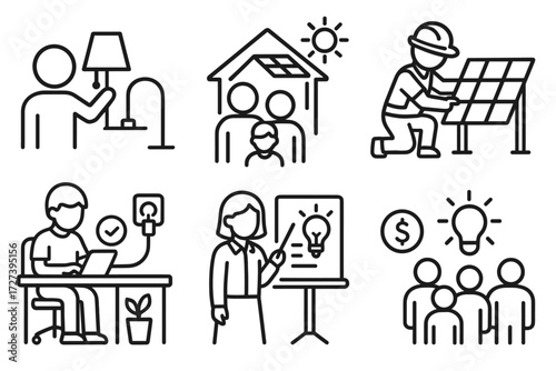 Sustainable Energy Icons. Situations icons in outline style: person turning off lamp, family using solar energy, worker installing panel, student