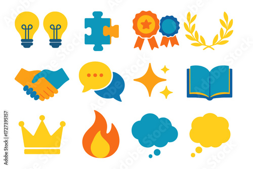 Vibrant Twin Icons. Basic twin idea in modern flat vector : two lightbulbs, puzzle pieces, star emblem, ribbon badge, laurel wreath, handshake, speech