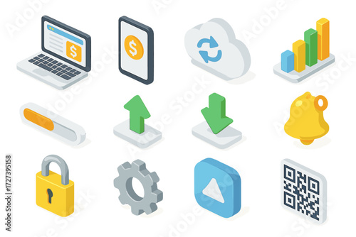 Digital Revenue Icons. Digital revenue stream set icons in modern isometric flat : laptop screen, smartphone app, cloud sync, dashboard chart,