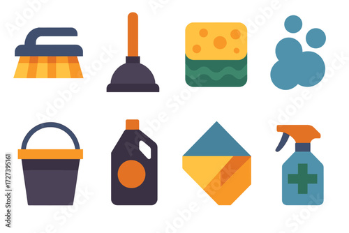 Cleaning Icons. Deep cleaning tools set of icons in abstract flat : scrub brush, plunger, sponge, cleaning foam, bucket, detergent bottle, wiping