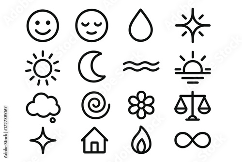 Gentle Emotion Icons. Gentle feelings icons in outline style: smiley face, calm face, tear drop, positive spark, sun rays, moon glow, harmony wave,