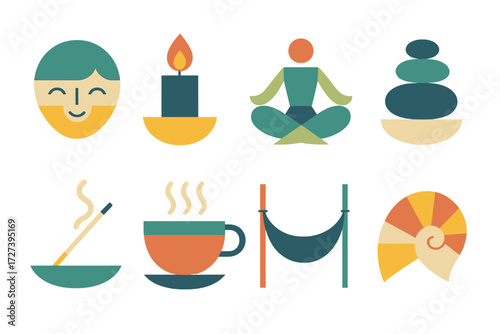 Stress Relief Icons. Stress release set of icons in abstract flat : relief, candle flame, yoga pose, pebble stack, incense smoke, cup of tea, hammock