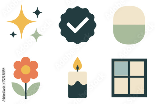 Icon Set. Final touch set of icons in abstract flat : sparkle icon, checkmark badge, smooth surface, fresh flower, candle, window pane
