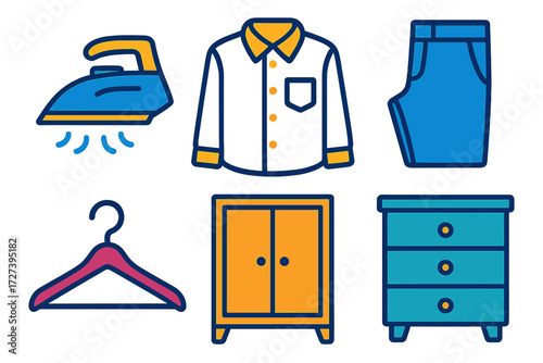 Minimalist Wardrobe Icons. Fresh clothes in modern flat vector : steam iron, clean shirt, neat pants, hanger, wardrobe, drawer