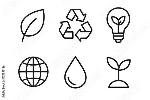 Sustainability Icon Set. Sustainability icons in outline style: leaf, recycle arrows, eco light bulb, globe, water droplet, plant sprout