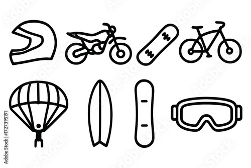 Extreme Sports Icons. Extreme sports icons in outline style: race helmet, motorbike, skateboard, mountain bike, parachute, surfboard, snowboard,