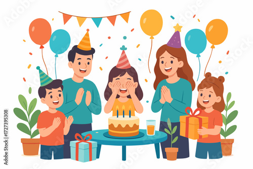 Family celebrating birthday at home with cake, candles, balloons, and happy birthday banner.