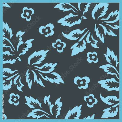 Print for kerchief, bandana, scarf, handkerchief, shawl, neck scarf. Squared pattern with ornament for fabric, textile, silk products. Paisley vector with abstract flowers. Floral folk tracery.