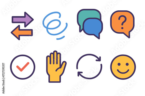 Dynamic Communication Icons. Engaging exchange in modern flat vector : two arrows, swirl lines, dialogue bubbles, question mark, answer checkmark,