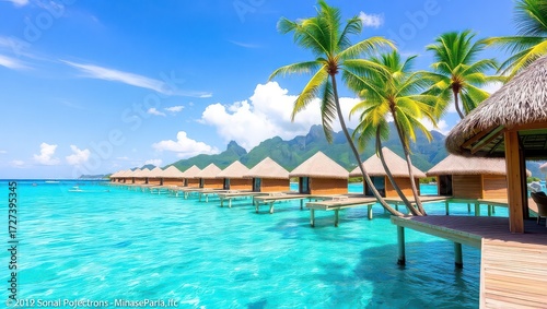Overwater bungalows in turquoise lagoon with palm trees and mountain view